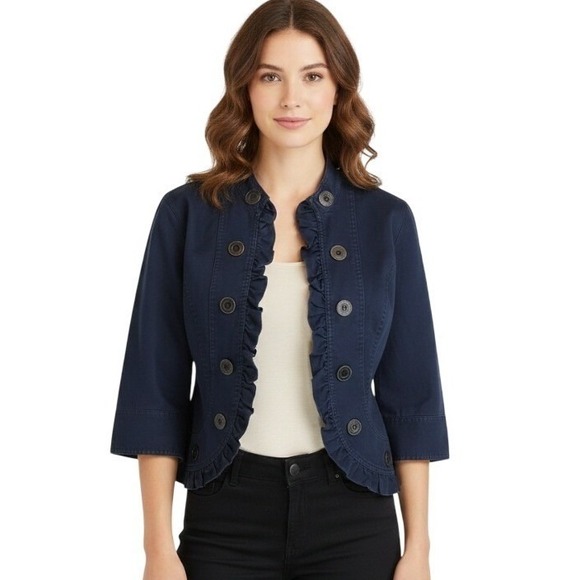 Multiples Jackets & Blazers - Multiples Jacket Womens Large Navy Ruffle Button Front 3/4 Sleeve Lined Classic
